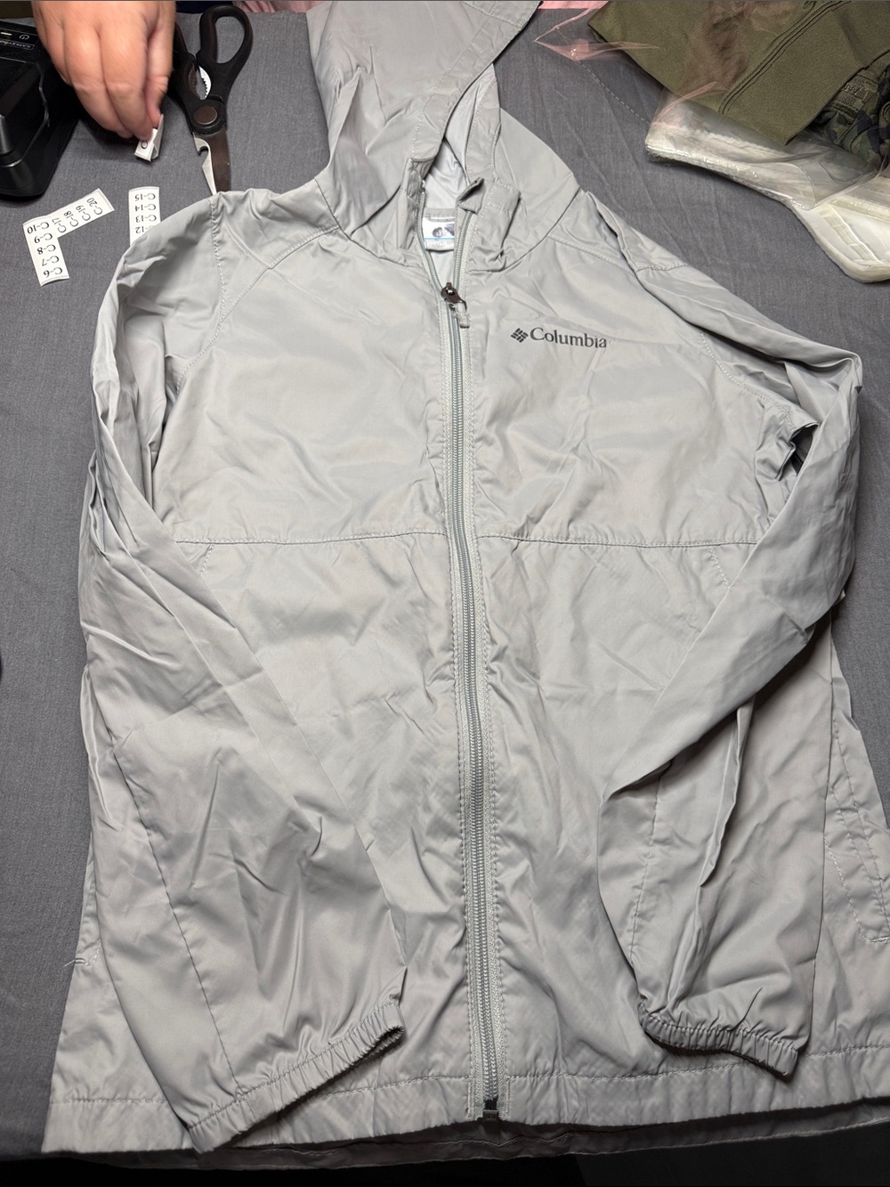 Columbia Light Gray Hooded Rain Jacket